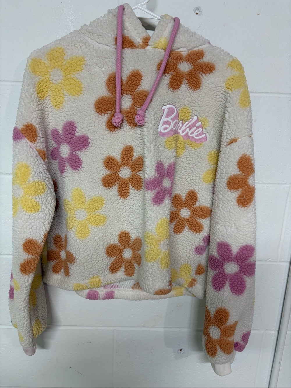 Barbie Cream Sherpa Hoodie with Pink, Yellow & Orange Floral Print